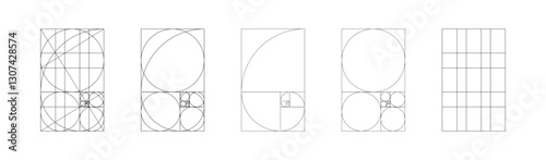 Golden ratio template minimalist set. Method golden section mockups. Fibonacci array, numbers forms. Harmony proportions frames. Outline graphic illustration.