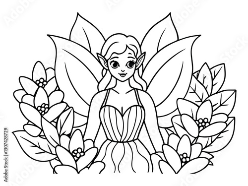 Forest fairy with beautiful flowers for coloring book for adult. girl in the garden whimsical line art for coloring book for adult. Hand drawn fairy flying in flower land for color book.