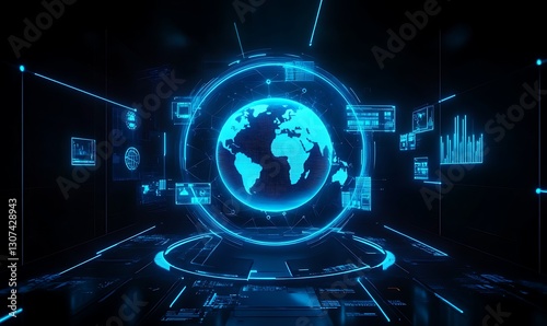 Futuristic B2B Concept in Neon Blue with Digital Icons and Globe on Dark Background.