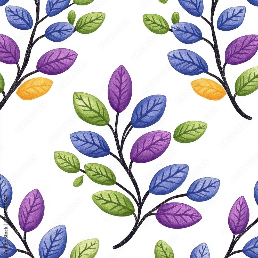 Fototapeta premium Colorful Seamless Floral Pattern with Purple Blue Green and Yellow Leaves