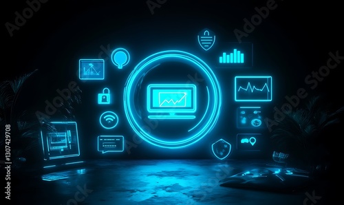 Futuristic B2B Concept in Neon Blue with Digital Icons and Globe on Dark Background.