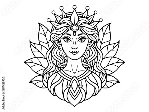Forest fairy with beautiful flowers for coloring book for adult. girl in the garden whimsical line art for coloring book for adult. Hand drawn fairy flying in flower land for color book.