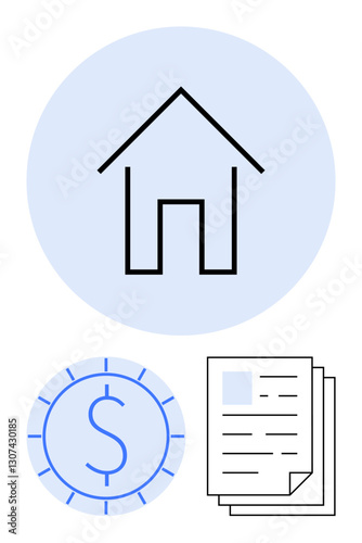 House icon above circular dollar sign and stack of sheets, symbolizing property, finances, paperwork. Ideal for mortgage, investment, documentation, real estate, economy homeownership flat simple