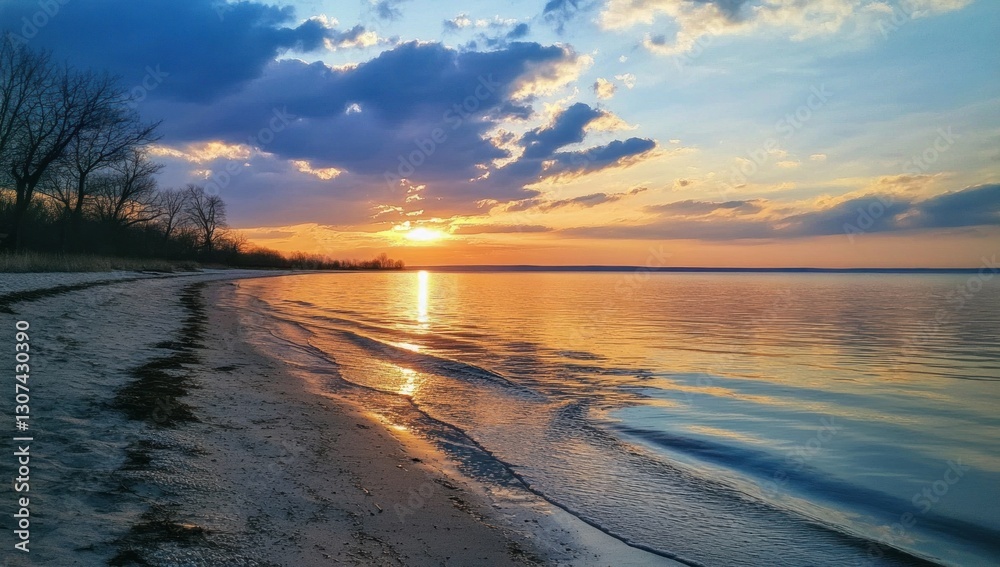 Obraz premium Serene sunset over calm ocean beach.