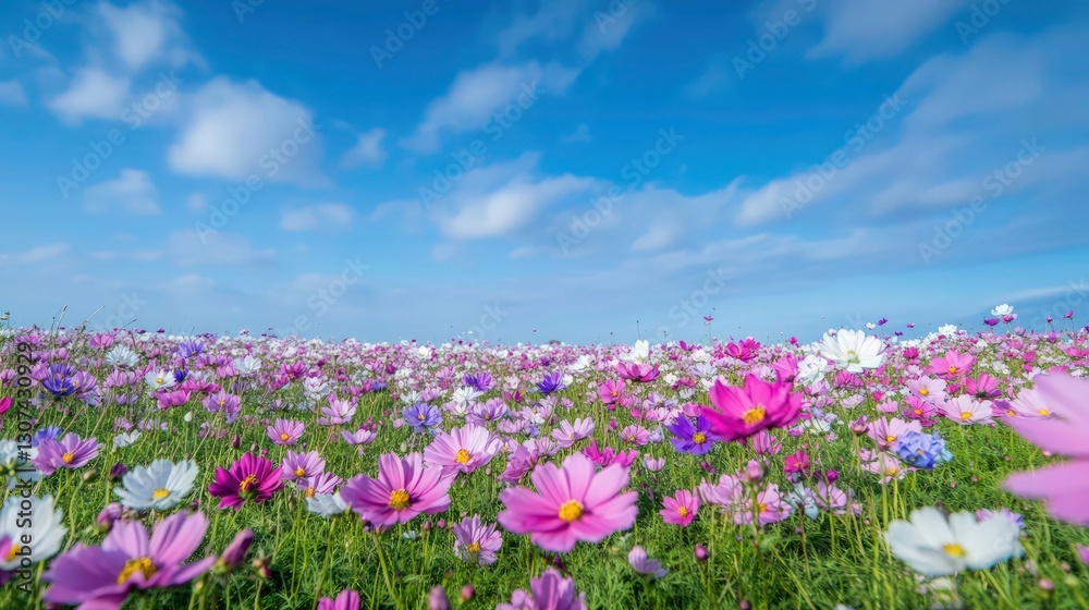 Vibrant cosmos flowers field, Endless sea of pink and purple blooms, Rolling meadow landscape, Clear blue sky with wispy clouds, Sunny day, Pastoral scenery, Photorealistic, High detail, Vivid colors Vibrant cosmos flowers field, Endless sea of pink and purple blooms, Rolling meadow landscape, Clear blue sky with wispy clouds, Sunny day, Pastoral scenery, Photorealistic, High detail, Vivid colors