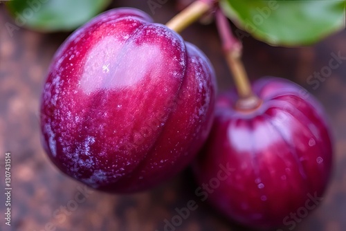 Close-up of Fresh Plums on Rustic Surface - Vibrant Deep Red Fruits