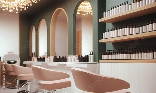 Modern cozy beauty salon with chairs in row and mirror, shelf with bottles.