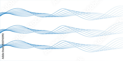 modern design featuring abstract wavy sky blue lines blending on a white background. Geometric design used for parallel lines pattern and Digital landscape for presentations.