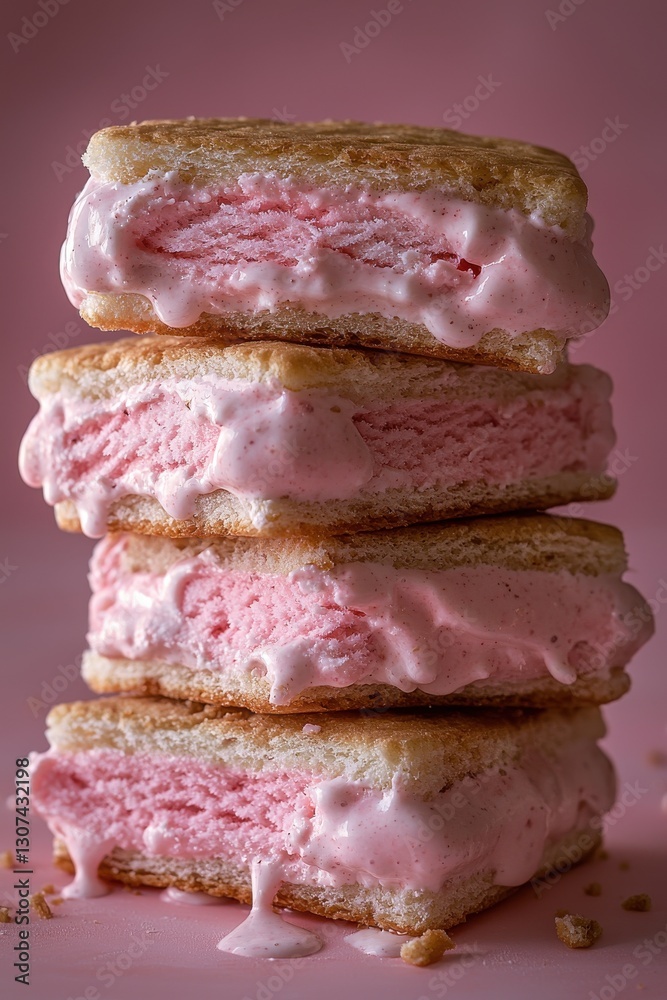 Stack of melting pink ice cream sandwiches on a pastel background Stack of melting pink ice cream sandwiches on a pastel background
