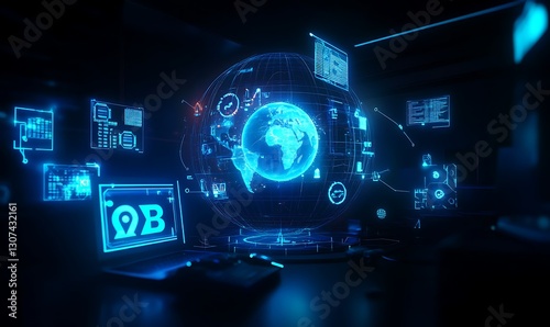 Futuristic B2B Concept in Neon Blue with Digital Icons and Globe on Dark Background.