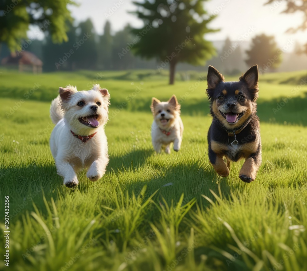 Two small dogs playing fetch in a green meadow, rural landscape, friendly canines, happy dogs, sunny day Two small dogs playing fetch in a green meadow, rural landscape, friendly canines, happy dogs, sunny day