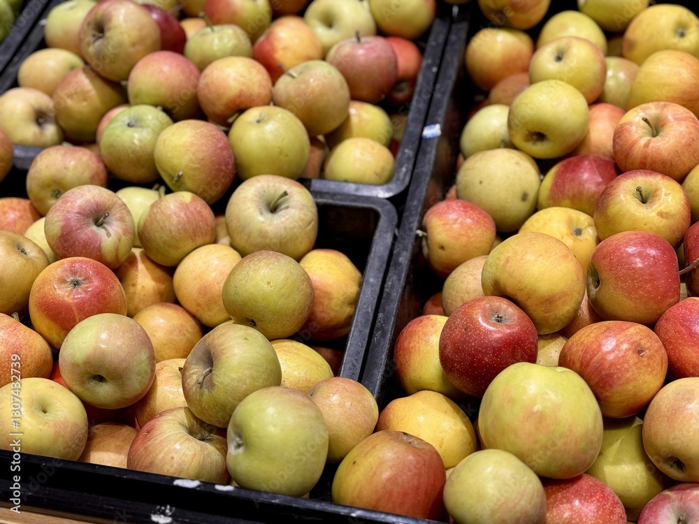 A mound of large red yellow coloured apples in boxes is displayed in the window of the supermarket's vegetable stand, demonstrating organic, vegetarian and healthy food. Close-up A mound of large red yellow coloured apples in boxes is displayed in the window of the supermarket's vegetable stand, demonstrating organic, vegetarian and healthy food. Close-up