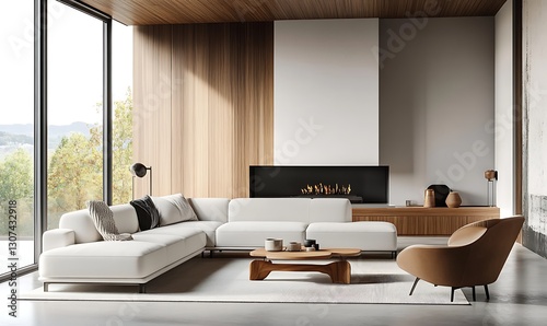 Minimalist living room with modern furniture, white sectional sofa, light wood accents, floor-to-ceiling window, and concrete flooring.