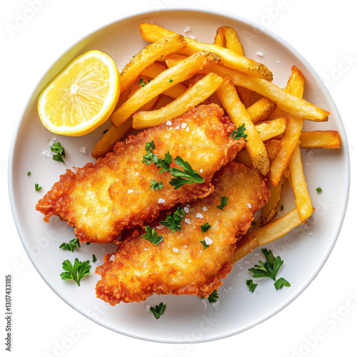 Crispy Fried Fish and Chips with Lemon and Parsley on White Plate