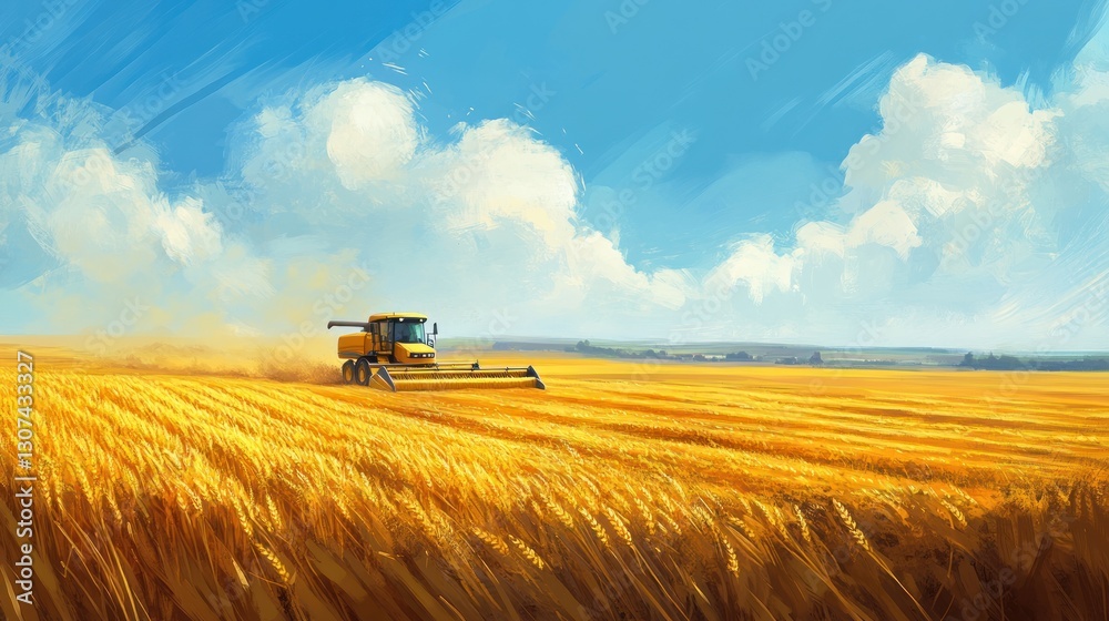 Obraz premium Golden Wheat Field Harvester Sunny Day