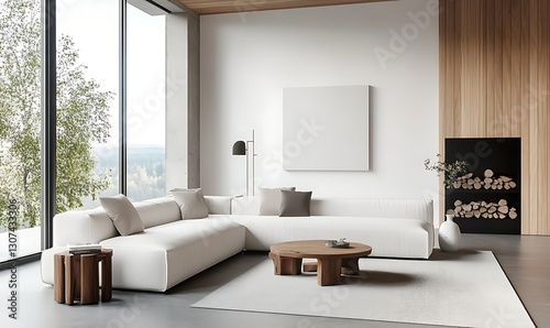 Minimalist living room with modern furniture, white sectional sofa, light wood accents, floor-to-ceiling window, and concrete flooring.