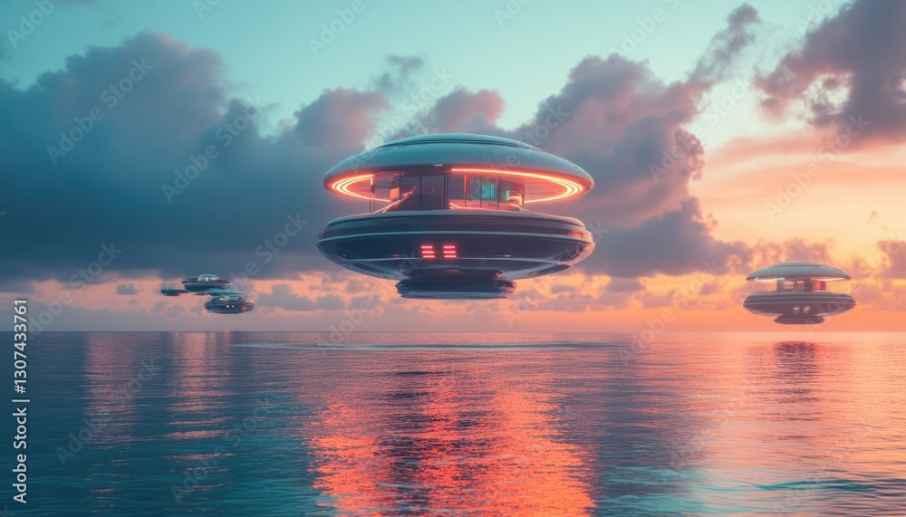 Futuristic Floating Homes at Sunset Futuristic Floating Homes at Sunset