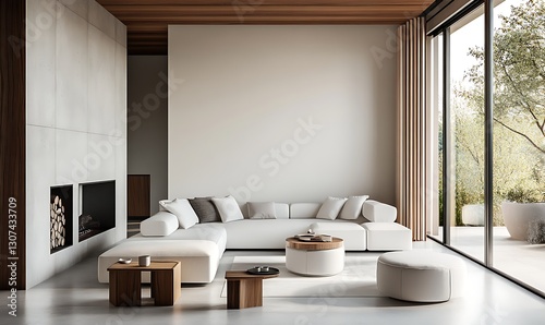 Minimalist living room with modern furniture, white sectional sofa, light wood accents, floor-to-ceiling window, and concrete flooring.