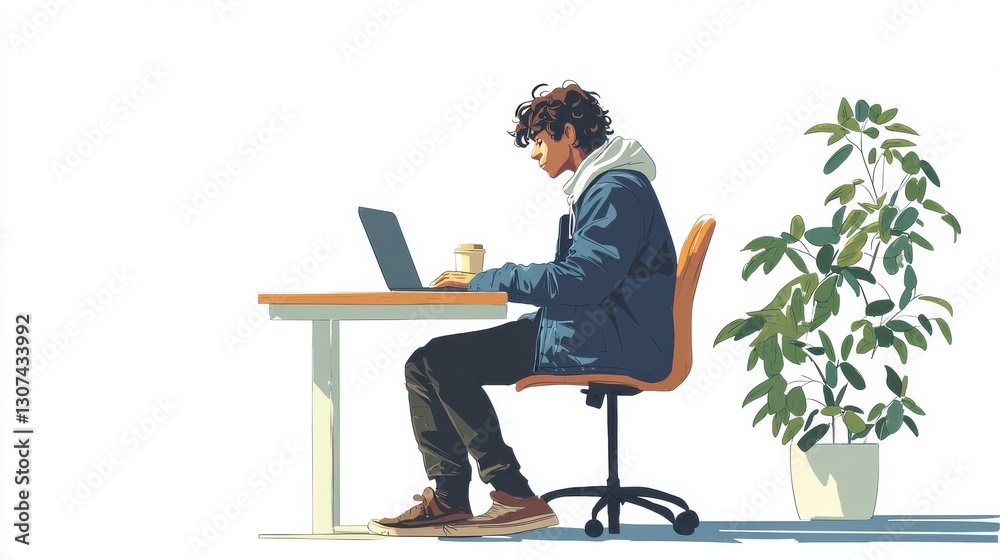 Young person working on laptop with coffee in a modern home setting Young person working on laptop with coffee in a modern home setting