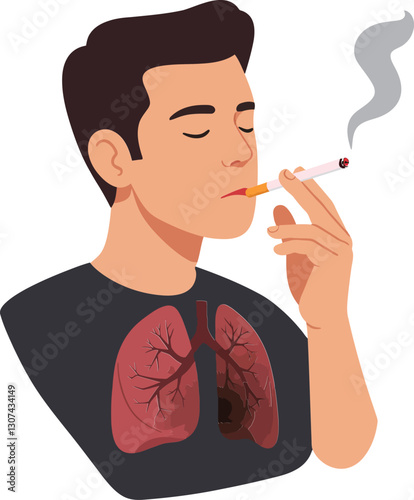 A man with a cigarette in hand, illustrating the impact of smoking on lungs in a flat vector illustration