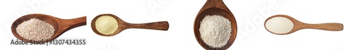 A wooden spoon holds a pile of integral spelt wheat flour, isolated on a white background