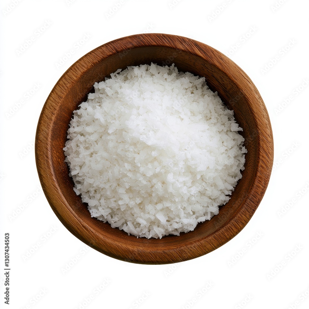 Overhead View of Shredded Coconut in Wooden Bowl Overhead View of Shredded Coconut in Wooden Bowl