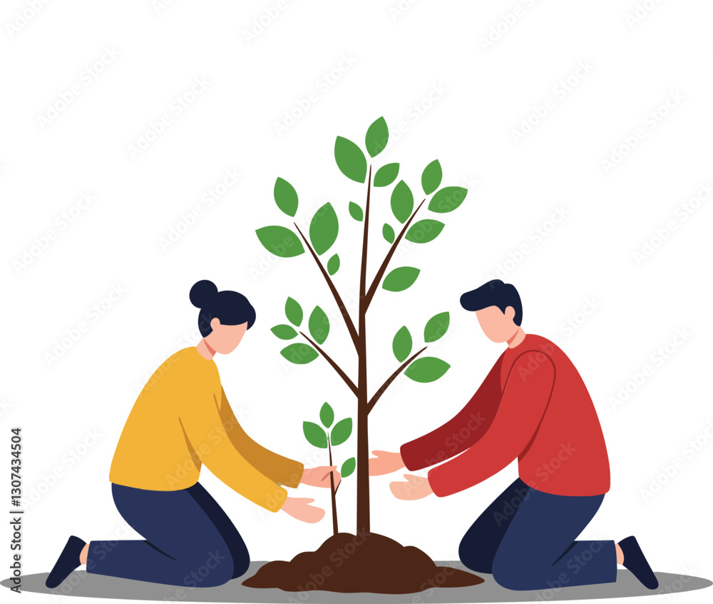 Two individuals planting a young tree together in a minimalist style, showcasing teamwork and environmental care in vector illustration