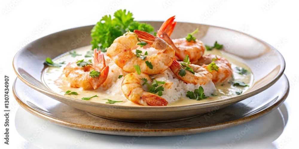 Succulent coconut shrimp cooked in a rich creamy sauce and garnished with fresh herbs, sitting on a elegant plate amidst a simple white background, food, culinary art Succulent coconut shrimp cooked in a rich creamy sauce and garnished with fresh herbs, sitting on a elegant plate amidst a simple white background, food, culinary art