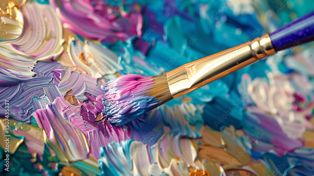 Fototapeta premium The magic of creativity unfolds as a brush spreads, vivid, glossy paint on a canvas.