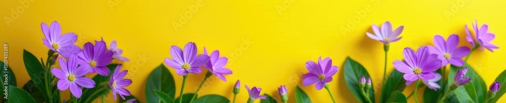 Violet flowers in full bloom against a bright yellow background with dark green leaves, greens, blooms, violets Violet flowers in full bloom against a bright yellow background with dark green leaves, greens, blooms, violets