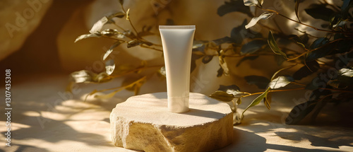 Cream tube on stone, sunlit, plant backdrop