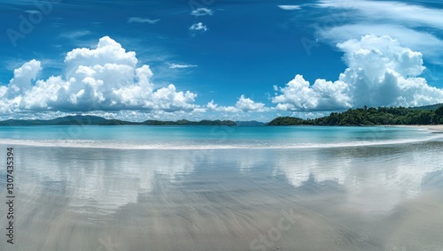 Serene tropical beach panorama with calm turquoise water, white sand, and fluffy clouds reflecting on the water's surface.