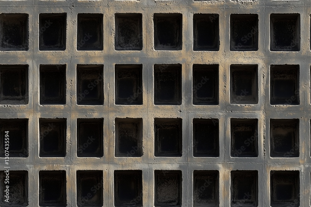 Seamless textured concrete wall featuring a grid of square openings. The surface shows signs of wear and age, with a muted color palette of gray and black. Seamless textured concrete wall featuring a grid of square openings. The surface shows signs of wear and age, with a muted color palette of gray and black.