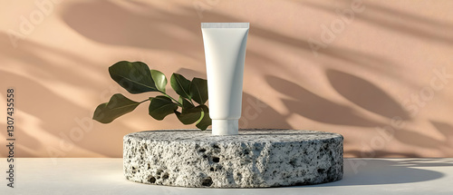 Cream tube, stone, leaves, sunlight. Mockup