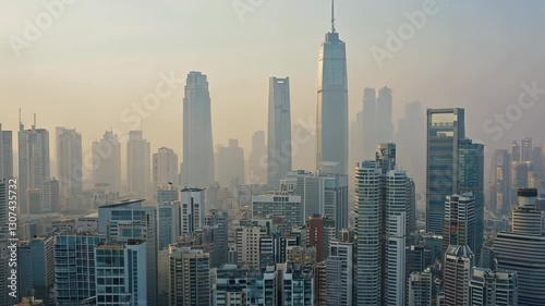 A city skyline with a hazy, smoggy atmosphere. The buildings are tall and the sky is a mix of blue and gray