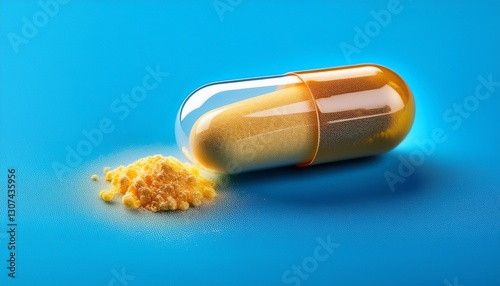 one open capsule of nutritional supplement msm sulfur on blue background photo