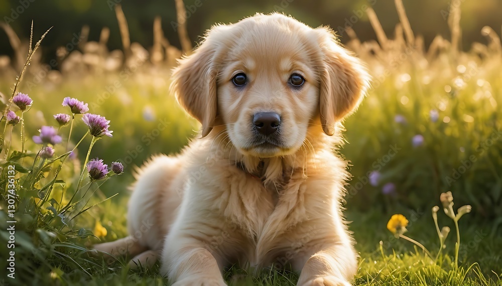 Golden Retriever Puppy Lying in a Meadow with Flowers and Sunlight Golden Retriever Puppy Lying in a Meadow with Flowers and Sunlight
