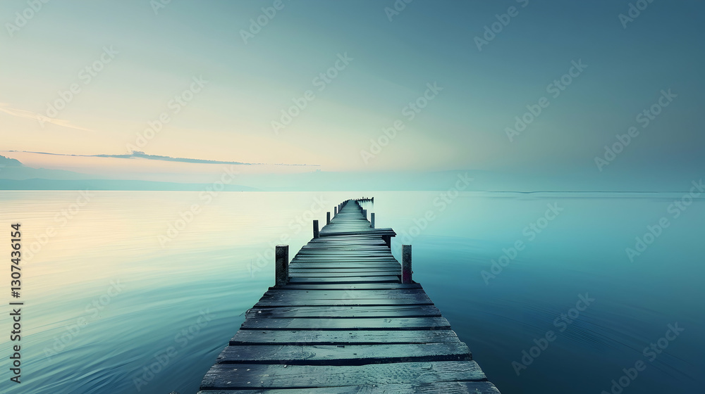 Obraz premium Serene Wooden Pier Extending into Calm Teal Lake at Dawn