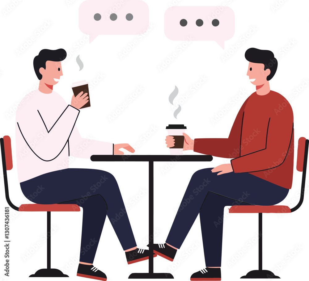 Two friends engaged in conversation at a small table in a café, minimal style vector illustration Two friends engaged in conversation at a small table in a café, minimal style vector illustration