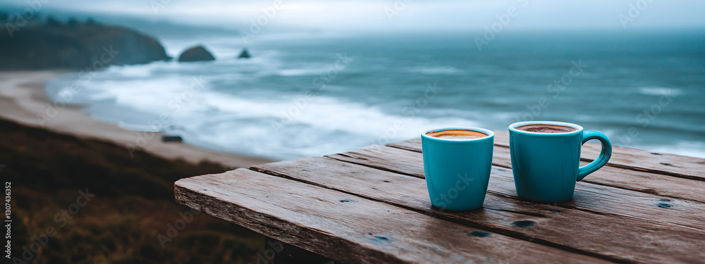 Two mugs of coffee on the table, overlooking the ocean
Two mugs of coffee on the table, overlooking the ocean
