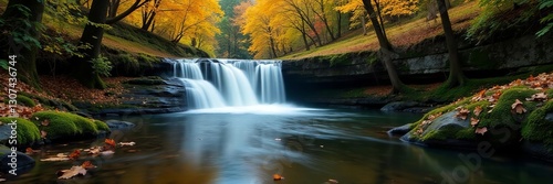 Serene waterfall in picturesque Lathkill Dale surrounded by colorful foliage, landscape, cascade