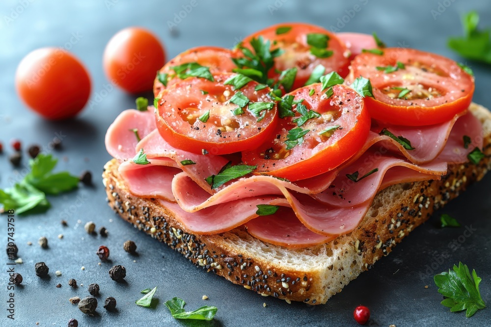 Open-faced sandwich with deli meat sliced tomatoes and parsley a healthy and delicious meal option Open-faced sandwich with deli meat sliced tomatoes and parsley a healthy and delicious meal option