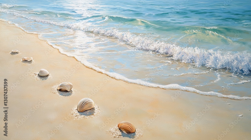 A calm beach scene with gentle waves, seashells, and footprints in the sand digital A calm beach scene with gentle waves, seashells, and footprints in the sand digital