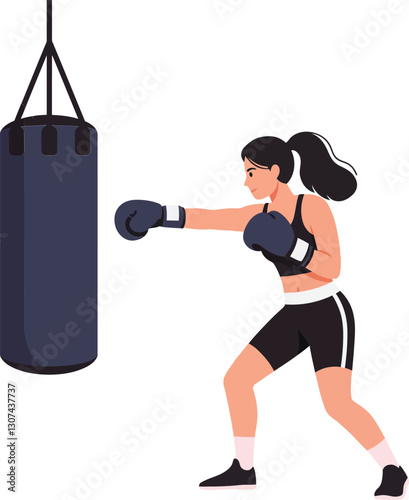 A focused young woman training with a boxing bag in a minimal flat design vector art scene showcasing strength and determination