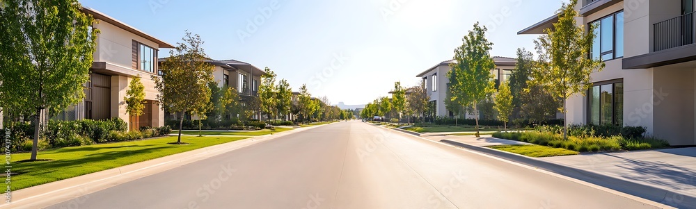 A sunny suburban street lined with trees and modern houses. A sunny suburban street lined with trees and modern houses.