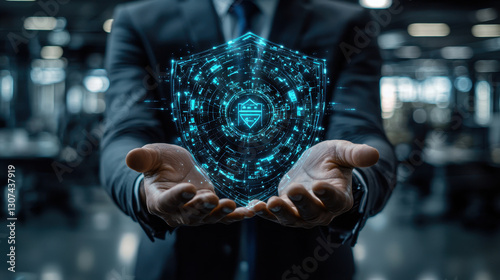 Businessperson presents holographic shield representing cybersecurity protection in office