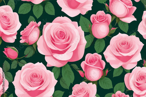 Set of beautiful pink roses with lush green leaves, cut out