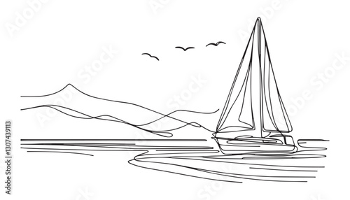 Continuous one single minimal line drawing sailboat