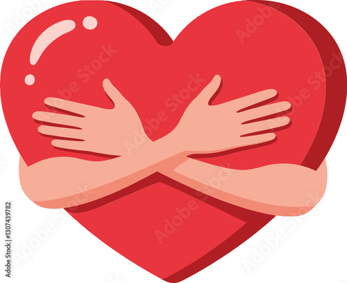 Heart symbol embraced by two arms in a flat design style, representing love and care in vibrant vector art