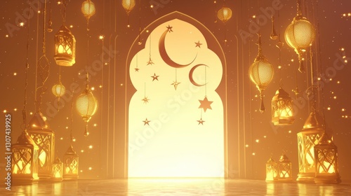 Golden Islamic Archway, Ramadan lanterns, glowing stars, and moon.  Possible use Greeting card, social media post photo